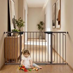 Cumbor extra-wide baby gate full view shows sturdy design for safe hallways.