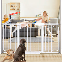 Cumbor extra-wide gate for stairs, extended to 57 inches for stair safety.