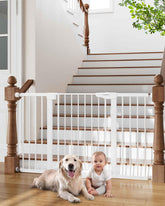 Cumbor wide baby gate on stairs offers safe access and adjustable width.