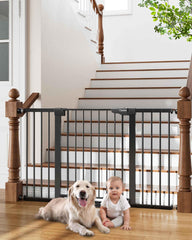 Cumbor wide gate on stairs in black blocks stairs safely for babies and pets