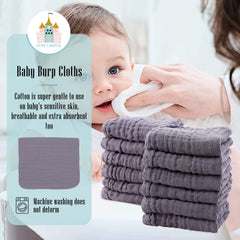 Cute Castle grey burp cloth showing 20x10 inch size for full coverage.