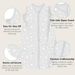 Cute Castle sleep sack with stars pattern in gray, neutral and cozy.