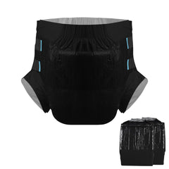 CutiePlusU front view diaper with blue tapes for secure overnight fit.