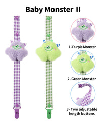 CutiePlusU Little Monster pacifier clip purple attaches securely to clothing for hands-free convenience.