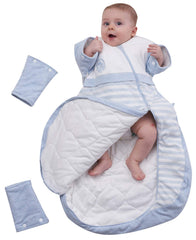 CYUURO baby sleeping bag with detachable sleeves shown in blue for easy dressing and secure warmth