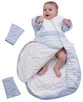 CYUURO baby sleeping bag with detachable sleeves in blue provides flexible warmth for chilly nights.