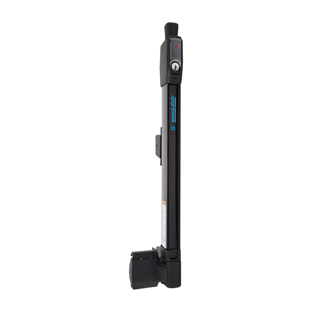 D&D MagnaLatch top-pull latch on front gate showing secure magnetic lock for pool safety.
