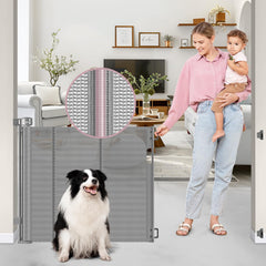 Dabormi 56-inch retractable gate on gray stairs with reinforced support for safety.