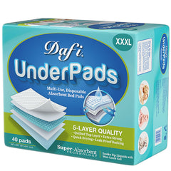 DAFI disposable bed pad pack shot showing extra-large 36x36 inches for full protection