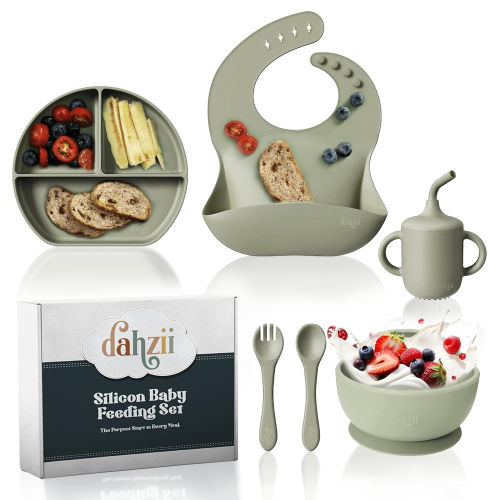 Dahzii 6-piece feeding set plate with non-slip base for mess-free meals.