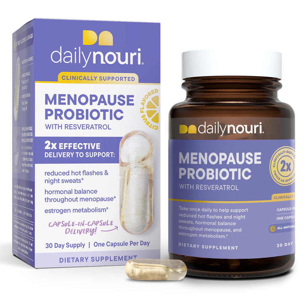 Daily Nouri Menopause Probiotic bottle front for easy daily gut support.