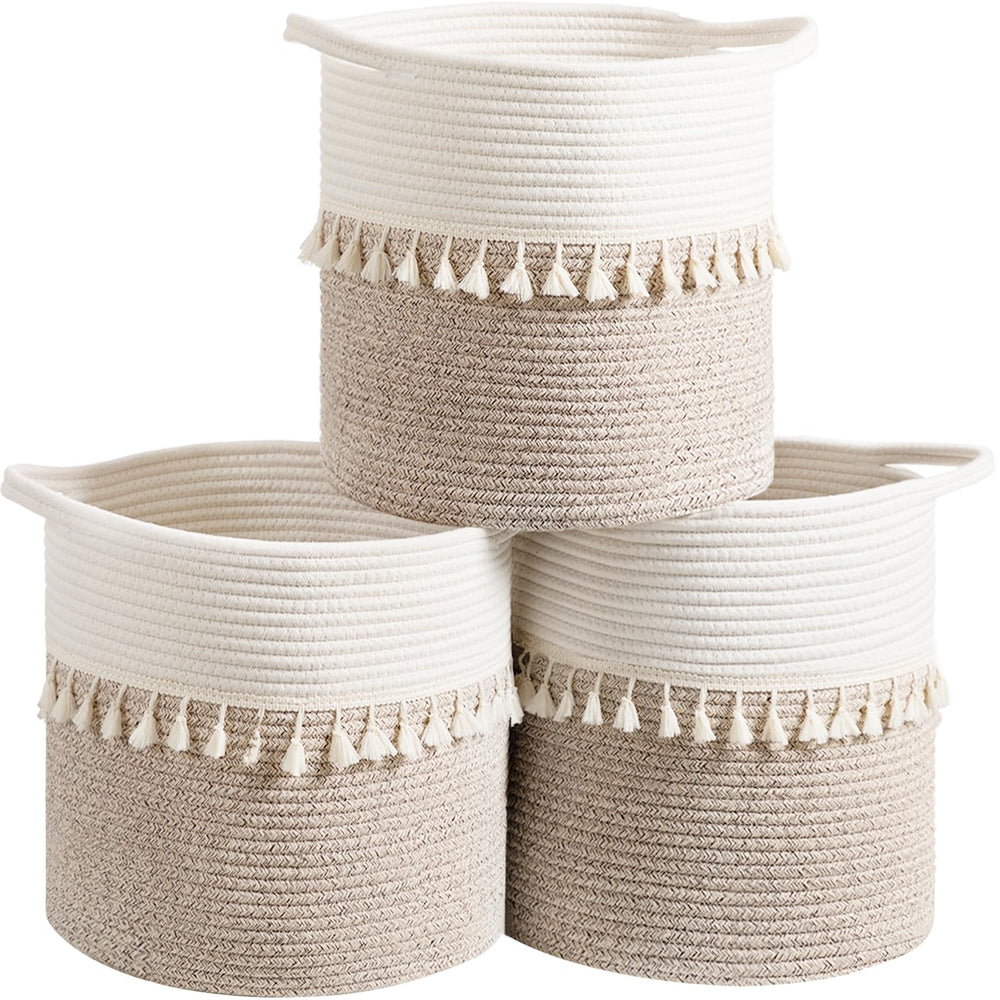 Danpinera 11-inch white tassel basket on shelf for stylish storage