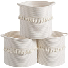 Danpinera 3-pack white round woven baskets for organizing shelves.