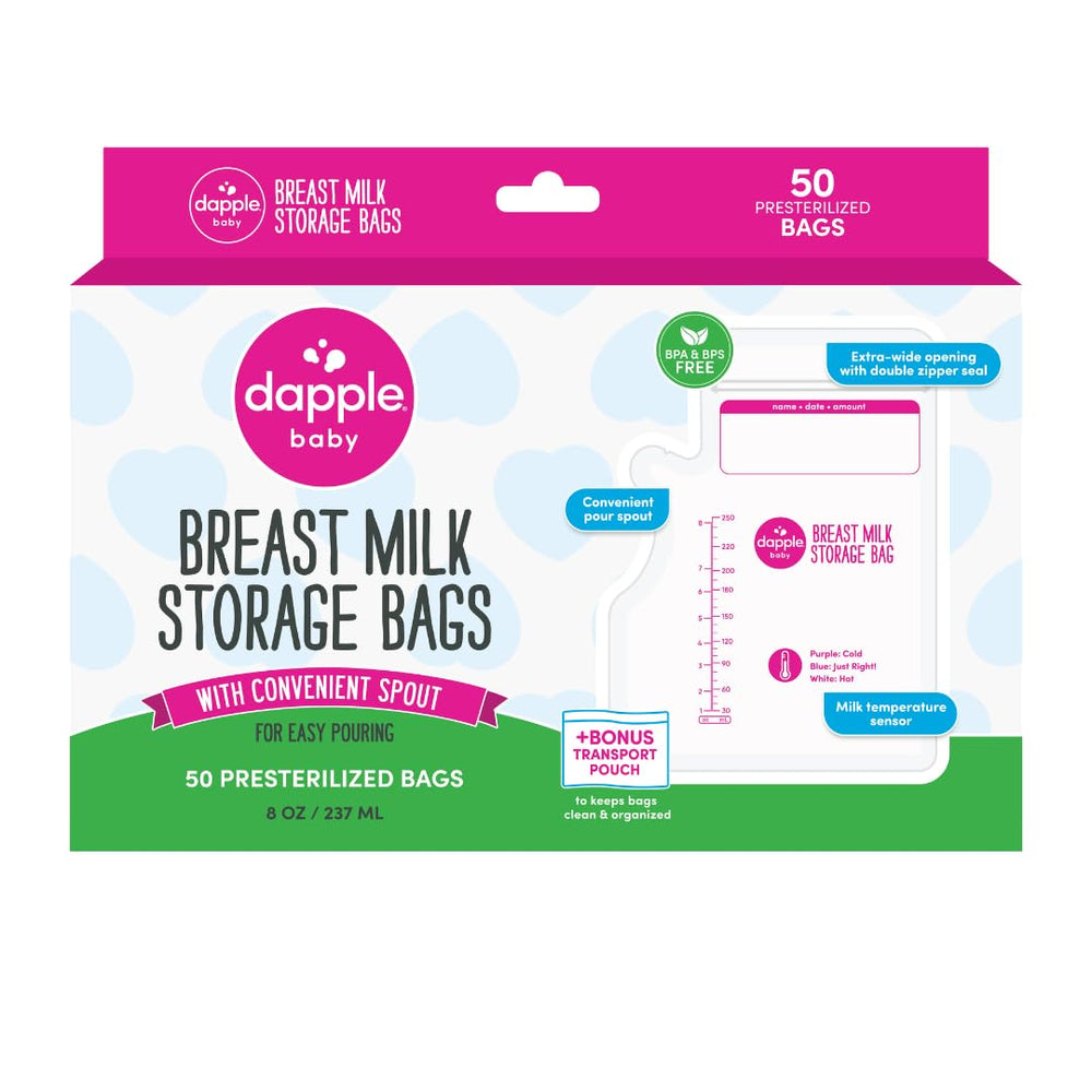 Dapple breast milk storage bag with east pour spout for spill-free pouring.