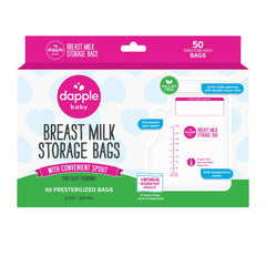 Dapple breast milk storage bag with east pour spout for spill-free pouring.