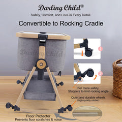 Darling Child bassinet with natural wood finish and gray fabric.