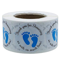 Dartsz baby shower blue footprint sticker close up for favors