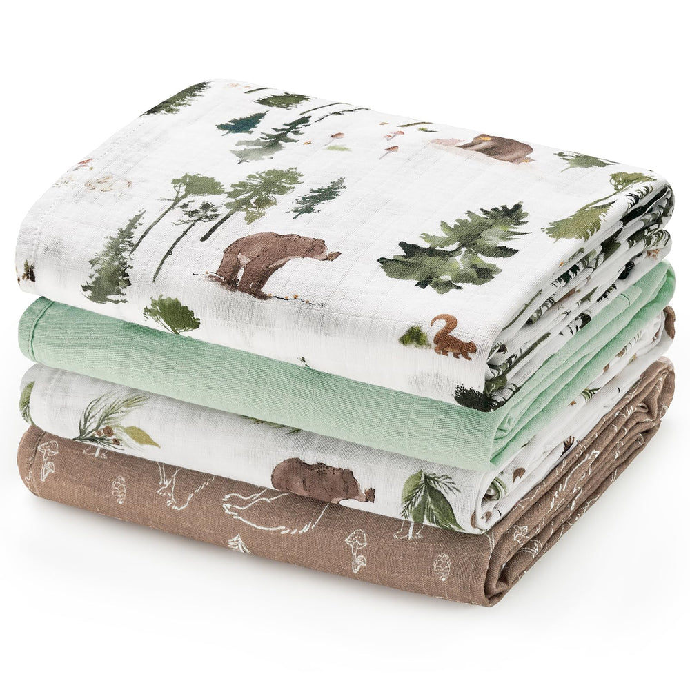 David's Kids baby muslin swaddle with woodland animals pattern offering gentle, breathable wrap for newborns