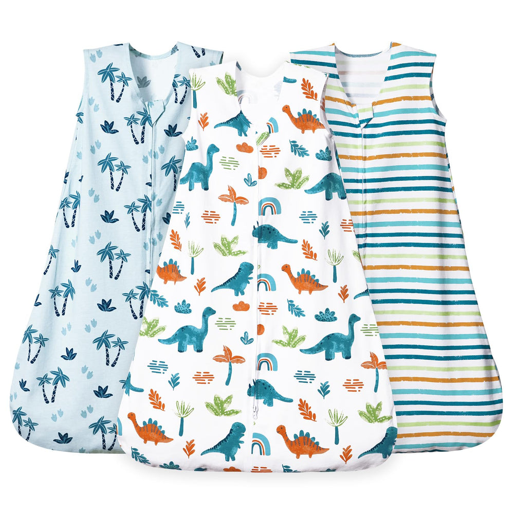 David's Kids dinosaur sleep sack front view with ultra-soft cotton for gentle night comfort.