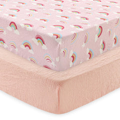 David's Kids rainbow muslin crib sheets closeup of breathable weave