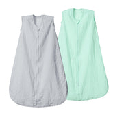 David's Kids muslin sleep sack in grey and green, front view, breathable bedtime comfort