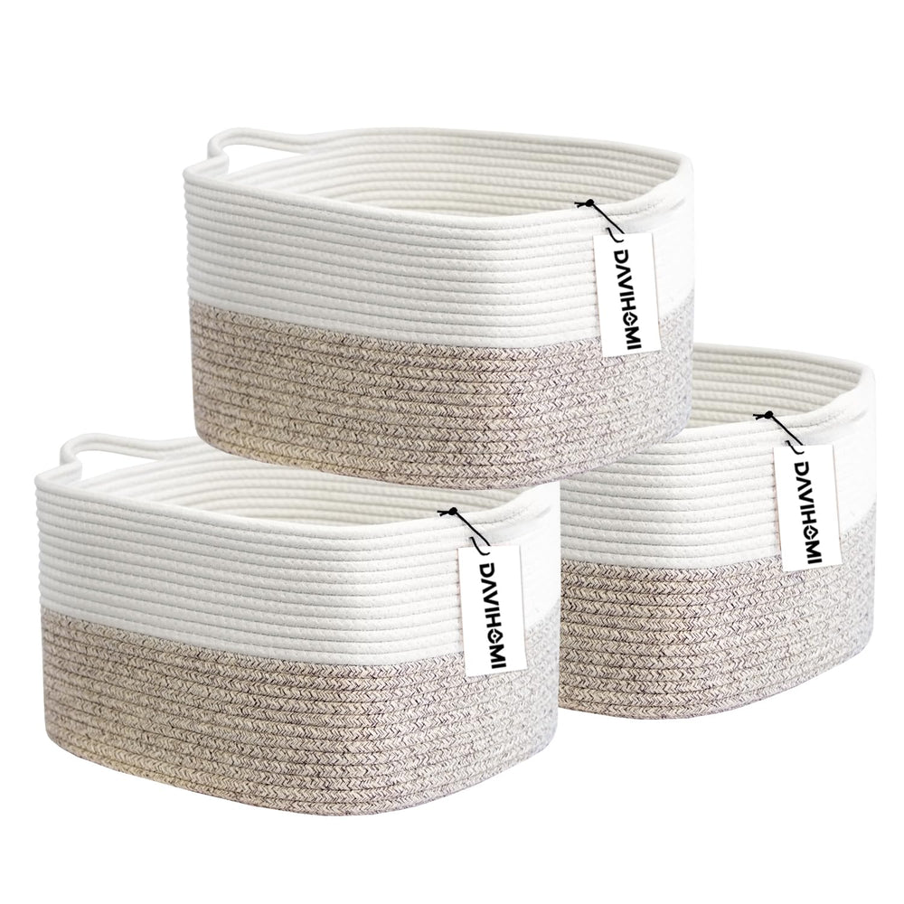 DAVIHOMI 3Pack small woven cotton rope basket with handles for easy transport