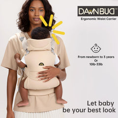 Dawnbud beige carrier showing ergonomic neck head support for growing baby