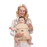 Dawnbud weightless baby carrier beige front view with breathable fabric and secure fit