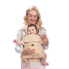 Dawnbud weightless baby carrier beige front view with breathable fabric and secure fit