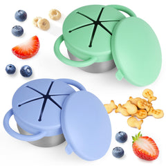 Daximo snack cups in blue and green with silicone lids for mess-free snacking.