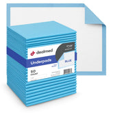 Dealmed underpads package front shows 50 pads for easy use.