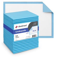 Dealmed underpads package front shows 50 pads for easy use.