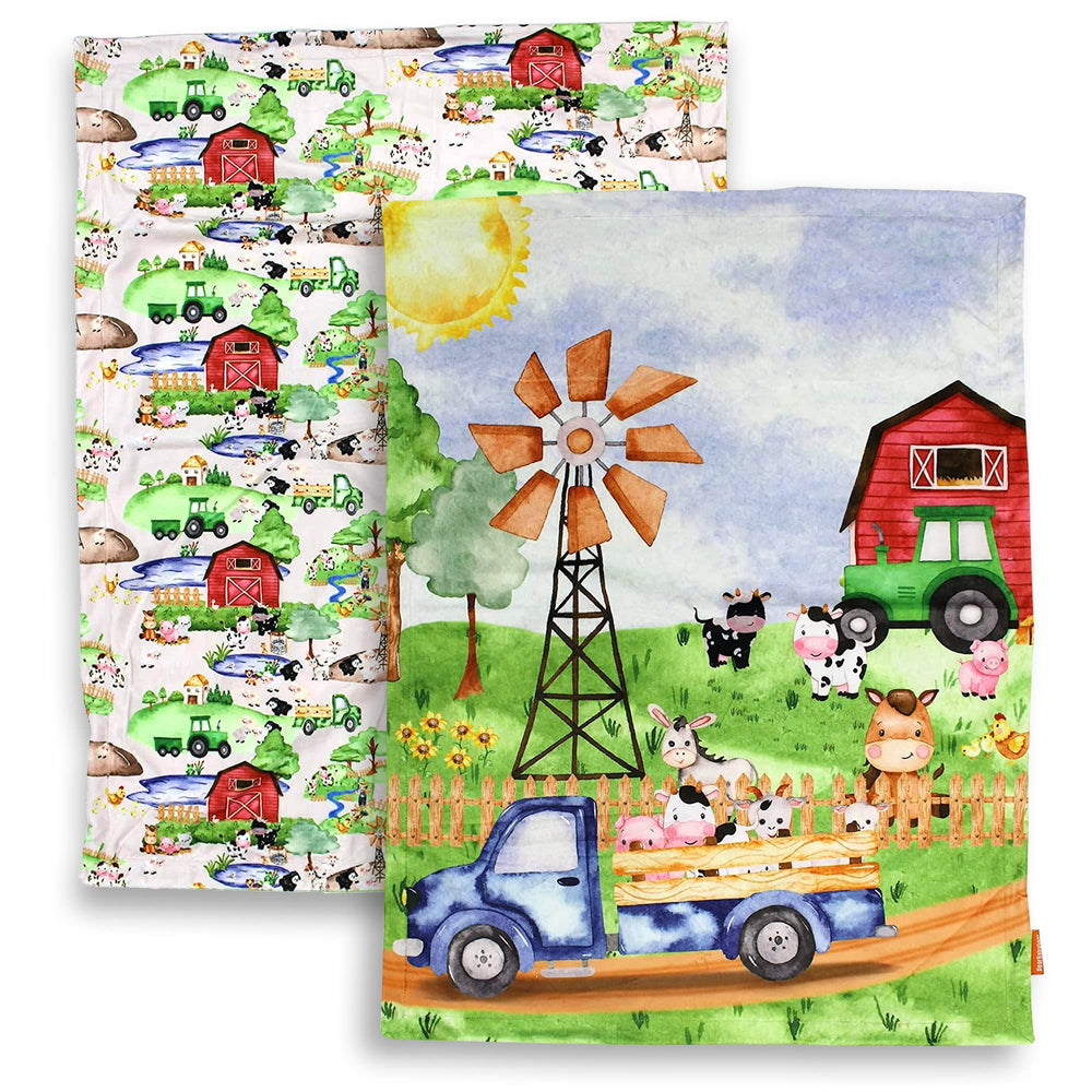 Dear Baby Gear barn-animals-green-tractor blanket on a cozy crib setup for restful naps