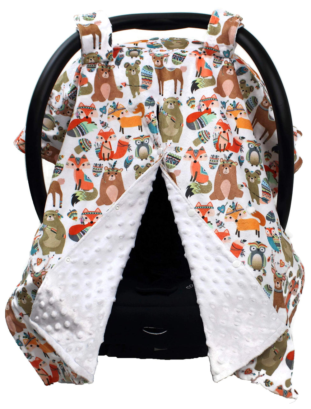 Dear Baby Gear Deluxe car seat canopy with tribal woodland animals shields baby from sun and wind.