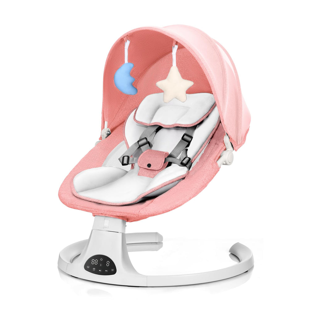 DEAREST BABY swing in pink with soft fabric eases fussy babies with gentle motion.