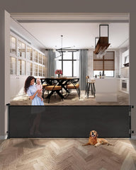 Dearlomum 168 inch retractable gate fully extended for wide openings, ideal for doorways and play areas