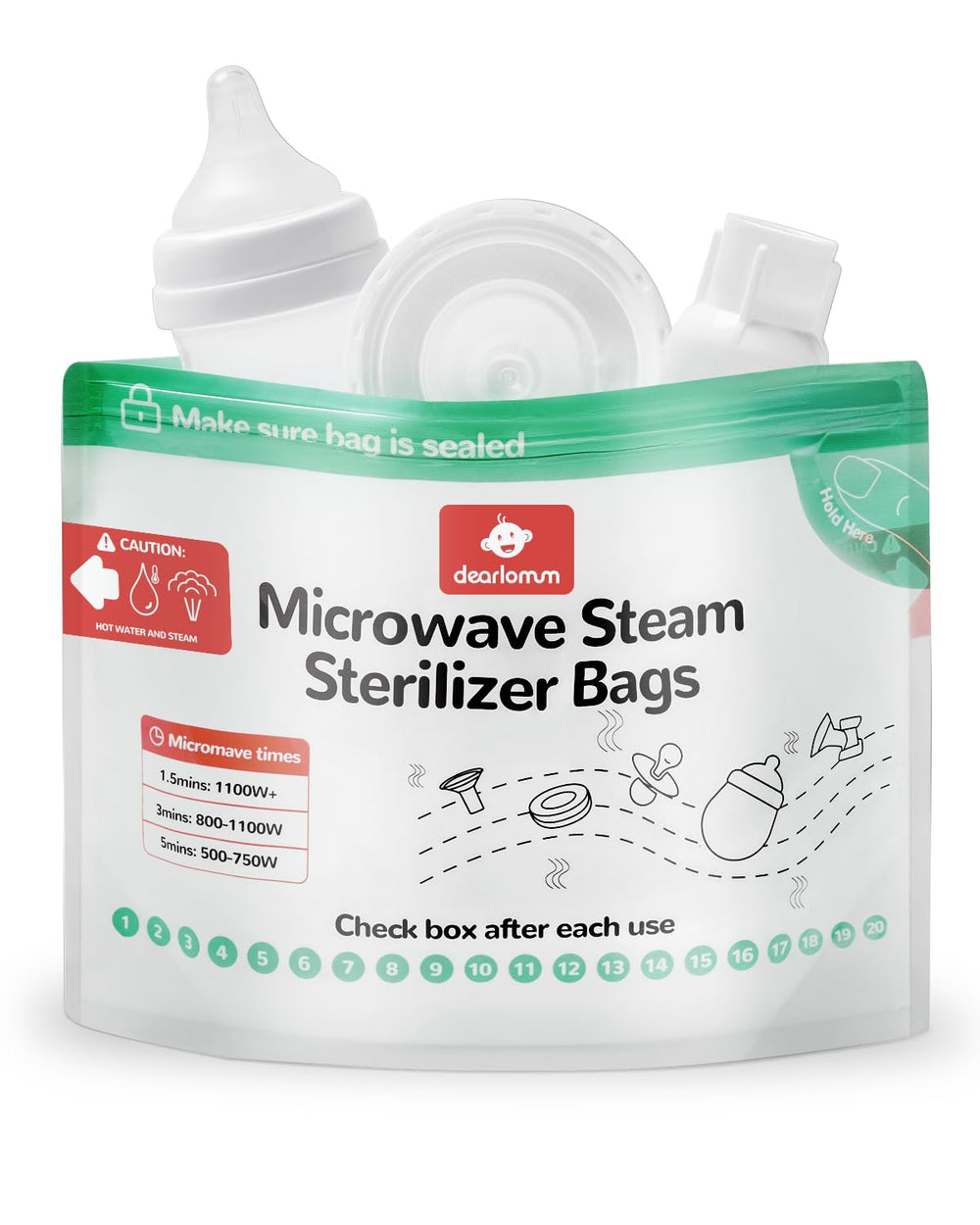 Dearlomum microwave steam sterilizer bag front packaging view for travel use and storage