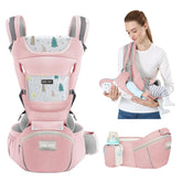 DEBARK baby carrier hip-seat pink front view showing ergonomic support for the parent