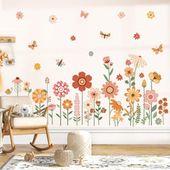 DecalMile Boho flower wall decals for nursery with daisies and butterflies, easy to remove and reposition.