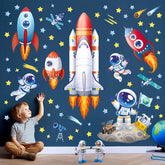 DECOWALL rockets and astronauts pack; vibrant wall decor for kids' space room.