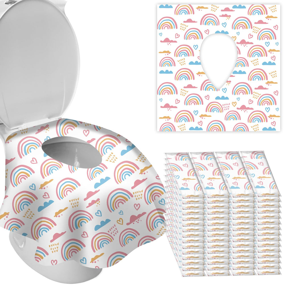 DEEKI rainbow pattern toilet seat cover for portable, hygienic public restrooms.