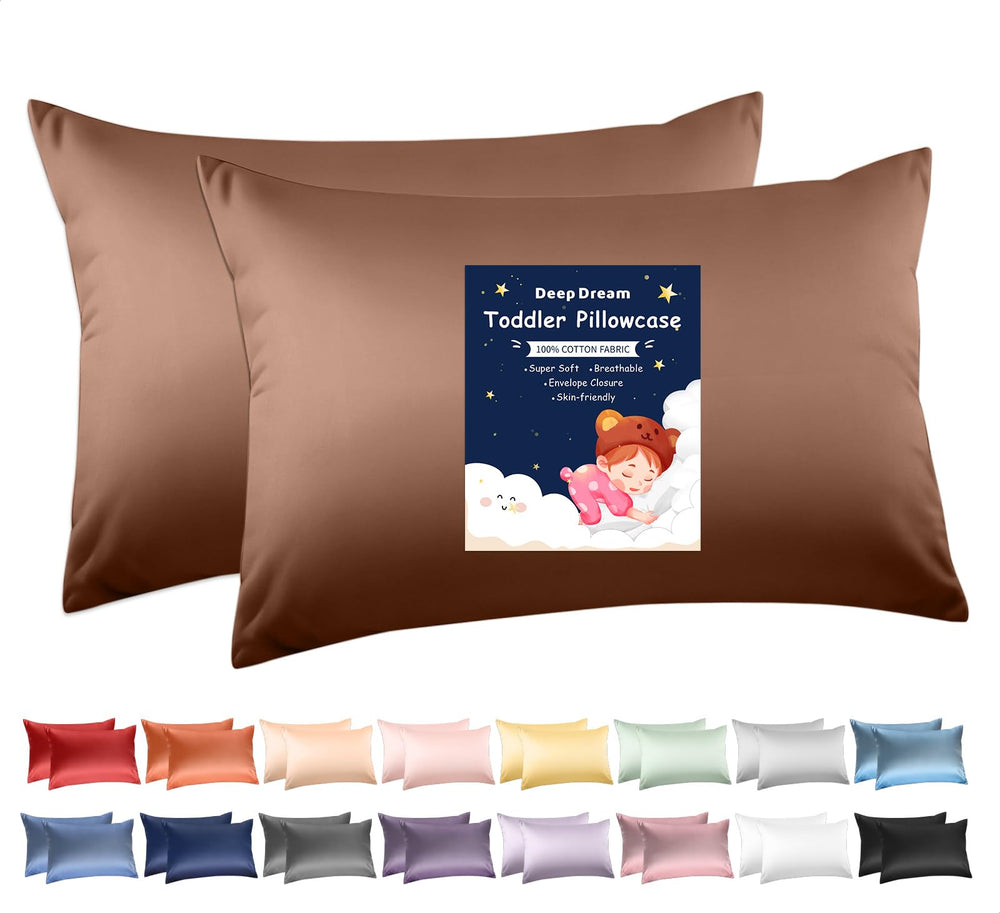 Deep Dream toddler pillowcase in coffee brown on bed, soft breathable cotton.