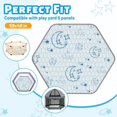 Deeteck hexagon baby play mat unfolded showing ample 59x48 inch play area.