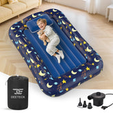 Deeteck inflatable toddler bed with dark blue moon pattern offers safe sleep on trips.