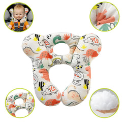 DEEZOMO baby travel pillow red dinosaur, side view, gentle neck support.