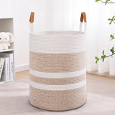 Degeyoyo 60L striped basket with leather handles for easy room-to-room transport.