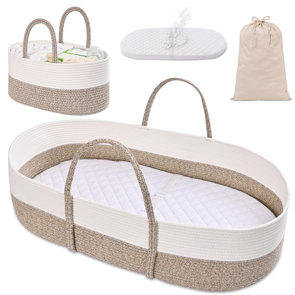 Degeyoyo Moses basket with pad offers a gentle, organized changing space.