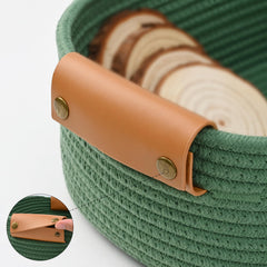 Degeyoyo rope baskets with leather handles offer durable, stylish storage.