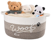 Degeyoyo Woof woven basket showing the WOOF text design for stylish toy storage.