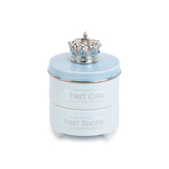 DEMDACO first tooth and curl keepsake box preserves baby memories in soft blue ceramic pewter.